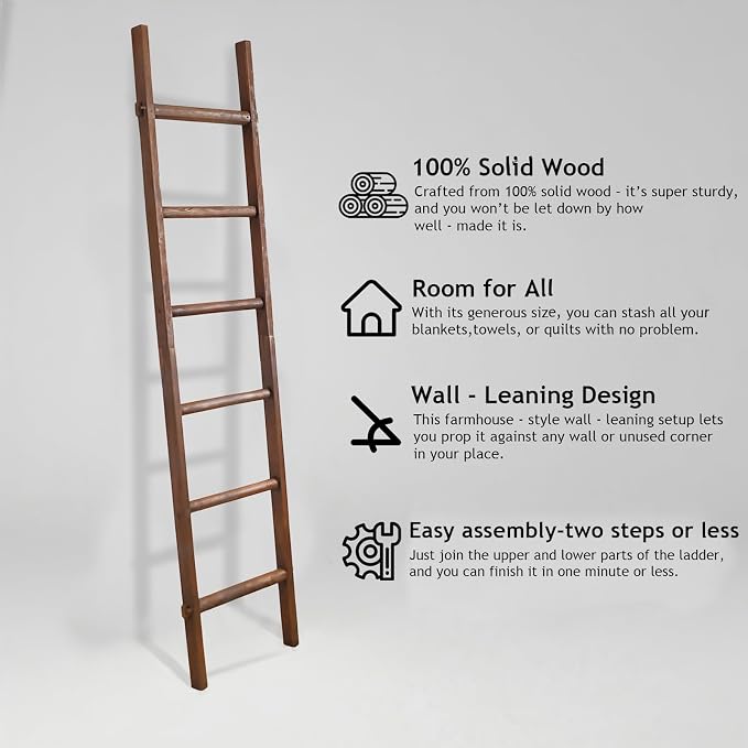 Wooden Blanket Ladder - Natural & Motley Wood - Leaning Wall Decor for Bedroom, Bathroom, Living Room - Rustic Quilt Holder & Towel Rack (Walnut Color, 76in（6-Tier）)