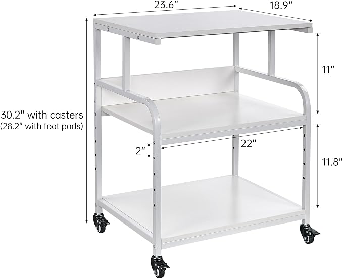Fannova White Printer Stand, 23.6 x18.9 x 30 Inches Big Size Printer Table with Adjustable Shelf, 3 Tier Rolling Printer Cart with Wheels for Home Office Storage and Organization