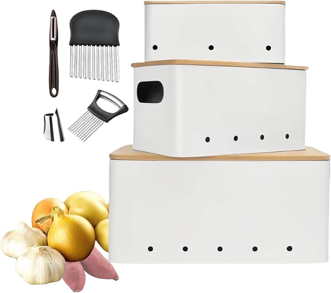 Modern kitchen storage container, stacked metal storage box, 3-piece set with wooden lid design, onion, garlic, potato metal cans, breathable storage box (White)