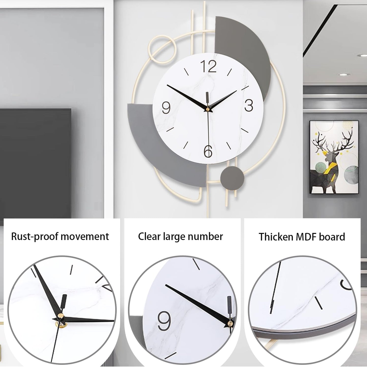 Dankeit Decorative Silent Quartz Wall Clock with Pendulum, Large for Living Room, Kitchen, Bathroom, Bedroom - 13x21.65in(Beige)