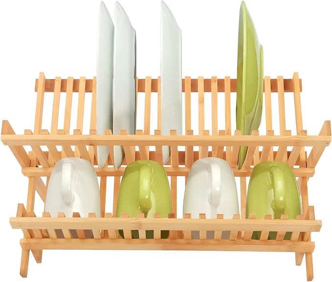Tefola Bamboo Dish Drying Rack, 2-Tier Foldable Design with Utensil Holder, Kitchen Plate Rack Dish Drainer Rack Dish Racks for Kitchen Counter, 16.5 x 17 inches