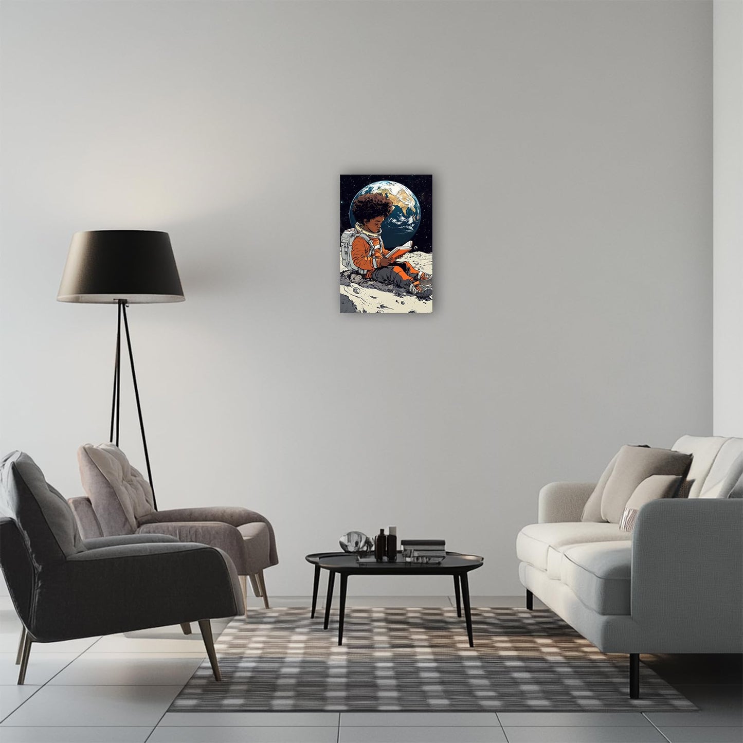 CHAOSETKEN African American Wall Art Astronaut Painting Black Boy Reading on the Moon Canvas Prints Space Themed Pictures for Office Decor Framed (12.00" x 18.00")