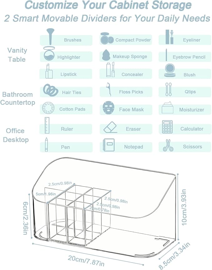 Makeup Tray Holder Organizer Cosmetic Display Case Tabletop Desktop Vanity Countertop Bathroom Wall Cabinet Medicine Storage Box 9 Dividers 2 Removable Women Ladies Girls Gifts Crystal Clear 1 PACK