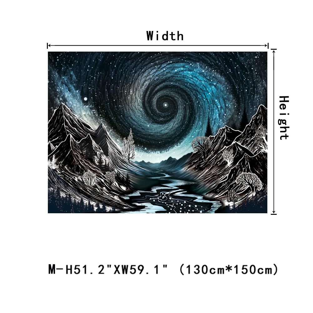 Maccyafst Black and White Mountain Tapestry Trippy Galaxy Stars Tapestries Magical Starry Night Tapestry Sketched Forest Trees Wall Hanging Nature River Landscape Background for Bedroom