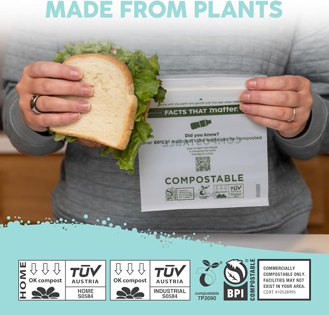Matter Compostable Sandwich Bags for Food Storage, Eco-Friendly, Resealable, 200 Count