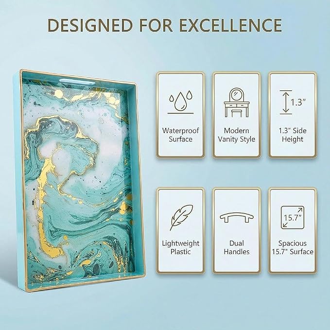 Decorative Tray, Marbling Plastic Tray with Handles, Rectangular Vanity Tray and Serving Tray for Bathroom, Kitchen, Ottoman and Coffee Table, 15.6" x 10.2" (Golden Blue)