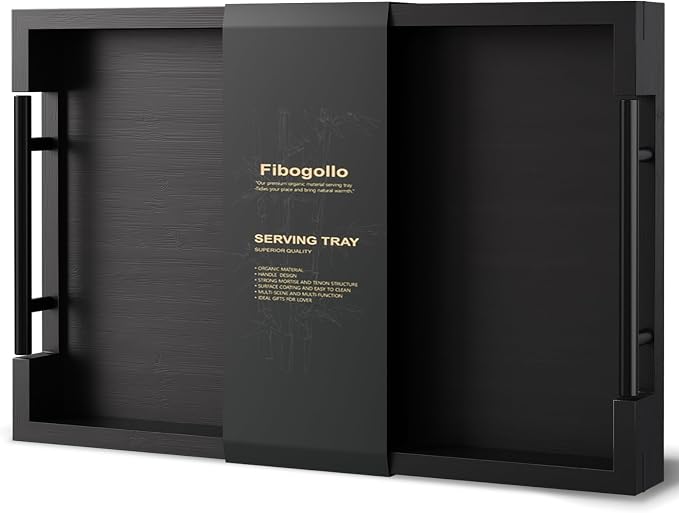 Fibogollo Bamboo Serving Tray with Metal Handles,15x10in Ottoman Decorative Trays Platter for Coffee Table,Living Room,Bar,Party,Medium(Black)