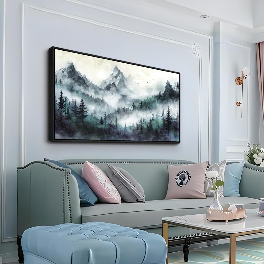 Wapluam Large Canvas Wall Art For Living Room Modern Wall Decor For Bedroom Trees Landscape Painting Foggy Forest Pictures Mountain Nature Art Canvas Prints Office Home Decor Black Framed 40x20