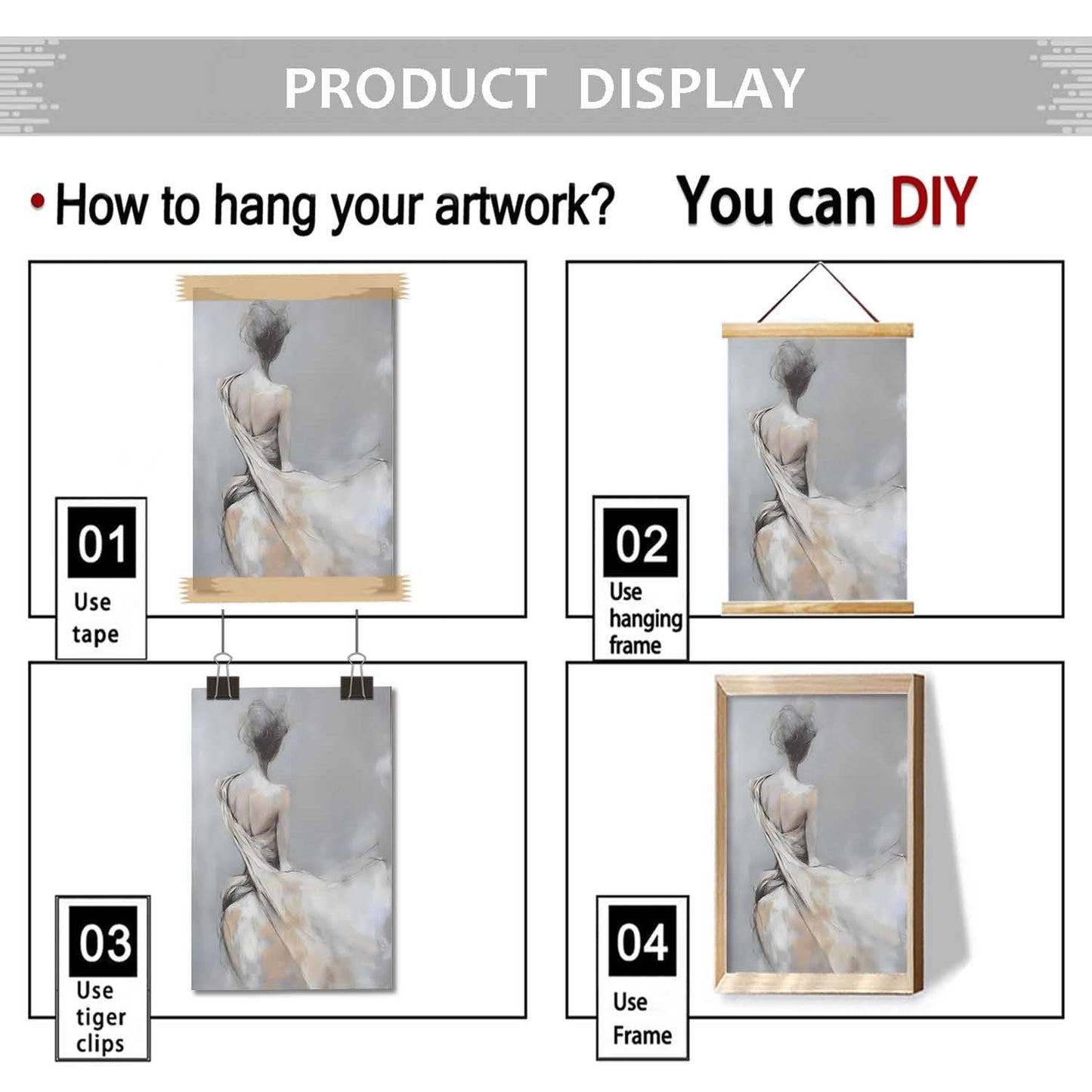 BACKYMRJCART Abstract Woman Silhouette Canvas Wall Art Grey Abstract Painting Lady Art Print Bathroom Wall Decor for Modern Living Room Office Woman Silhouette Painting 16x24in Unframed