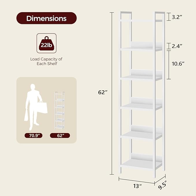 MAHANCRIS Bookshelf, 6-Tier Bookcase, Standing Book Shelf for Small Space, Storage Shelf Organizer, for Living Room, Bedroom, Study, Balcony, White BKBW6601