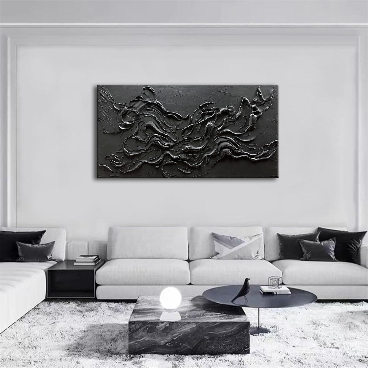 zoinart Hand Painted Large Black Wall Art 30"x60" Thick Texture Minimalist Oil Paintings Contemporary Art Oil on Canvas Abstract Textured Wall Art Pure Black Wall Art