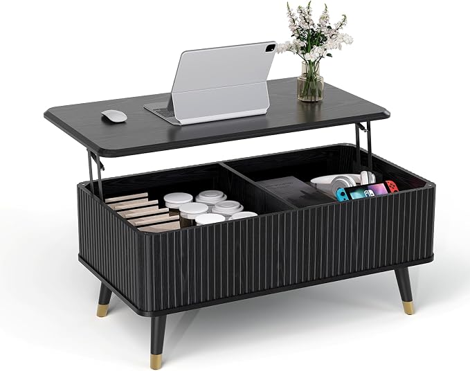 JOINICE Lift Top Coffee Table with Storage, Modern Black Fluted Design, Pop-Up Center Table with Hidden Compartment for Living Room & Home Office Work/Dining