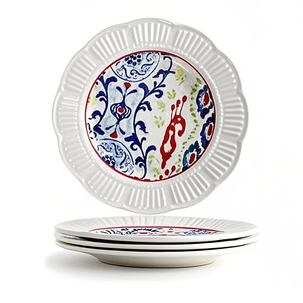 9 Inch Floral Porcelain Plates,Unique Embossed Flower Shape,Microwave & Dishwasher Safe, Artisan Hand-Painted Design for Steak,Salad,Dessert,Home & Restaurant Use