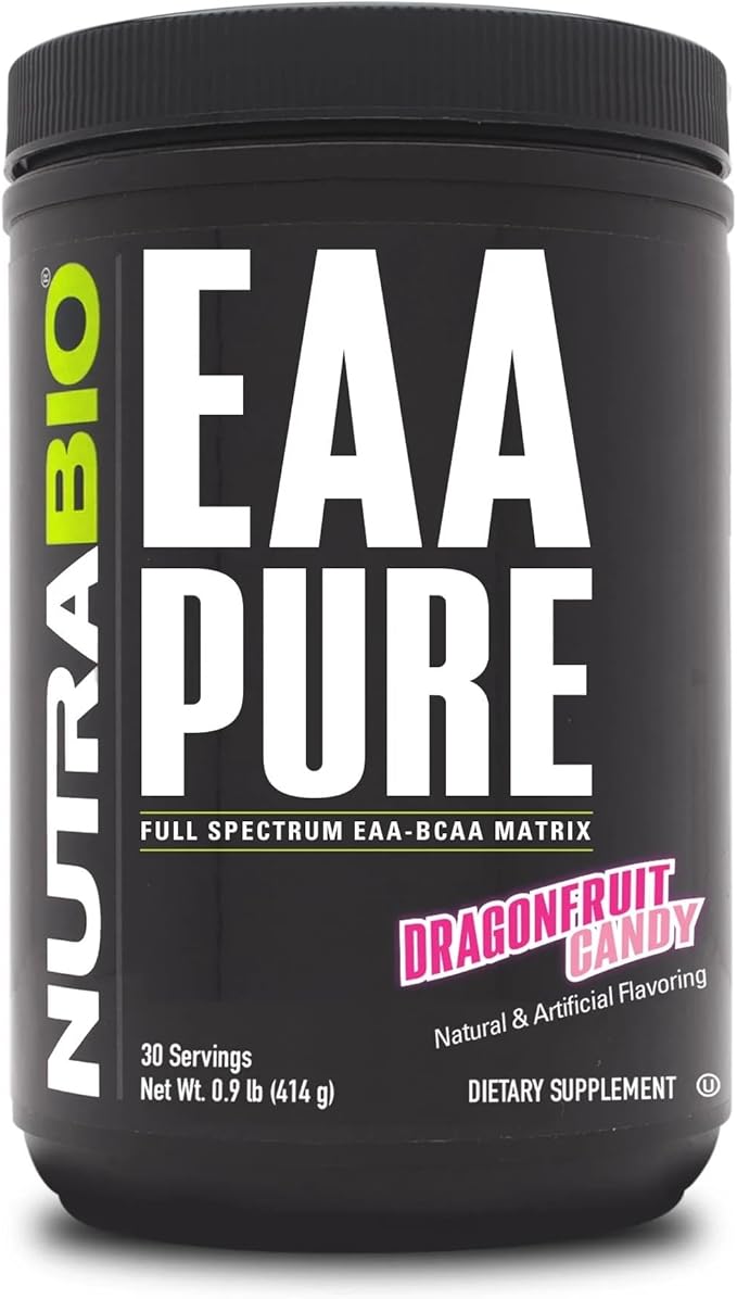 NutraBio ??EAA Pure ??9 Amino Acids ??Muscle Repair and Recovery, 30 Servings, Dragon Fruit Candy ??Pre or Post Workout ??All Day Recovery