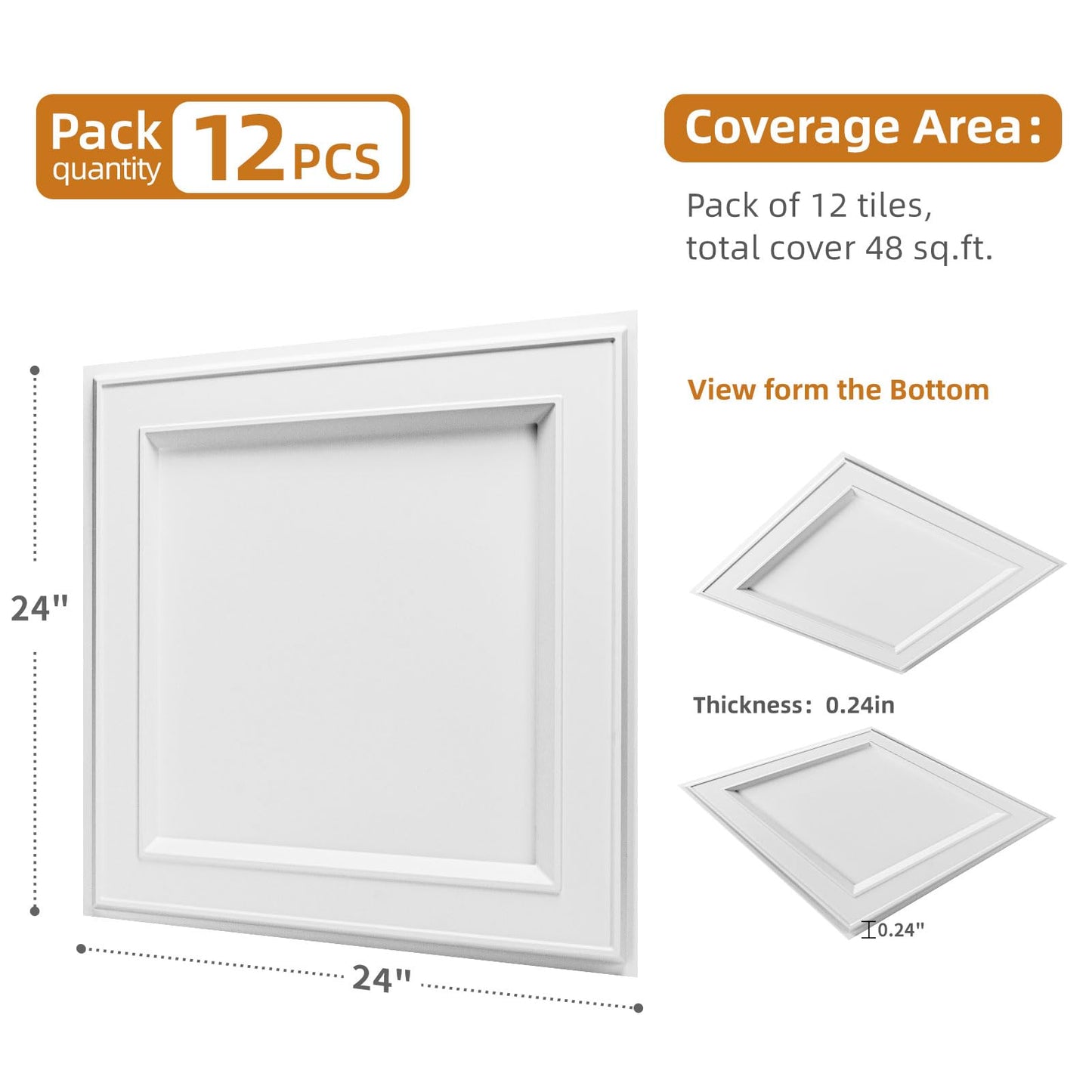 WOWSTAR 12-Pack 24"x24" Drop Ceiling Tiles, Waterproof Glue up Ceiling Panels, Modern Style 3D Wall Panels, White