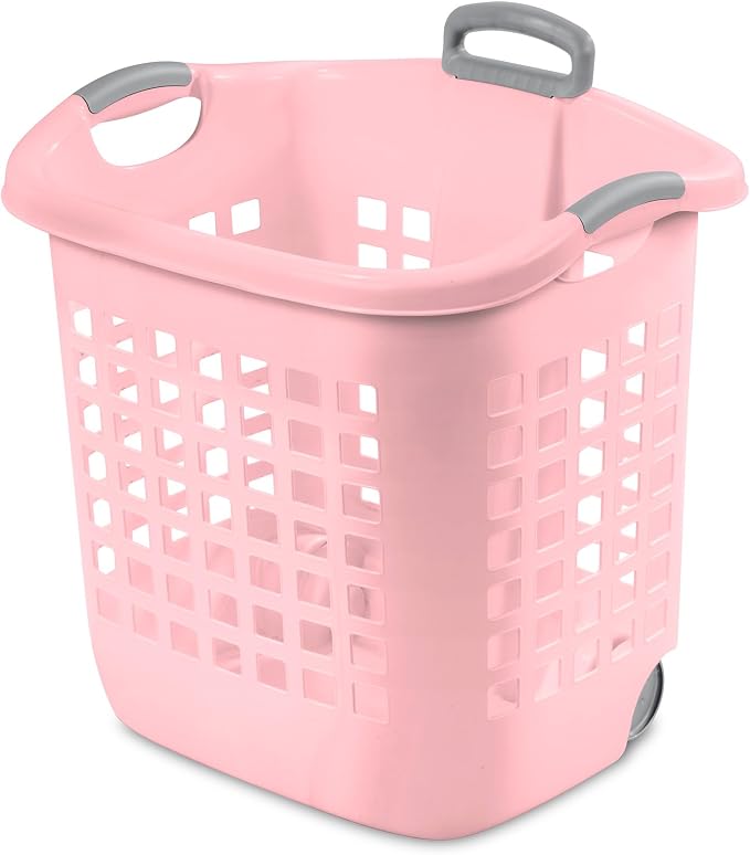 Sterilite 4 Pack Ultra Wheeled Laundry Basket, Plastic Clothes Hamper Bin with Wheels and Retractable Handle, 1.7 Bushel Capacity, Pink Frost