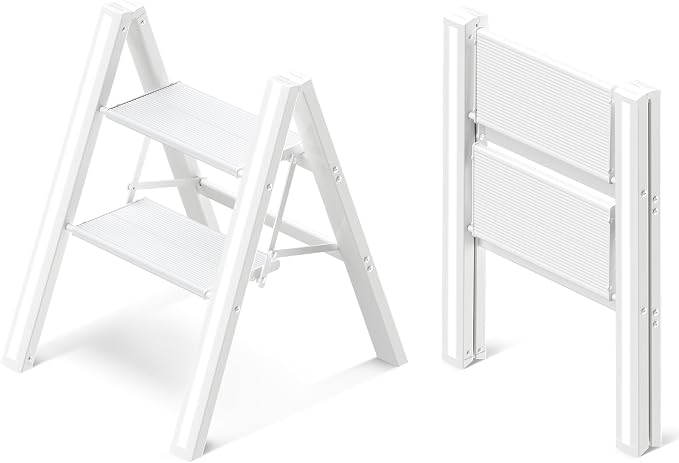 2 Step Ladder, Aluminum Folding 2 Step Stool with Anti-Slip Sturdy and Wide Pedal, Lightweight Portable Stepladder for Home and Kitchen Use Space Saving, Cream White, 330 lbs