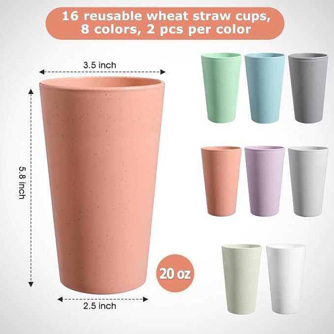 HEYCOME Set of 16 Wheat Straw Cups, 16 Pcs 20 oz Unbreakable Drinking Cups, Reusable Plastic Cups Sets, Water Glasses Tumblers, Microwave & Dishwasher Safe, Bpa Free, 8 Colors