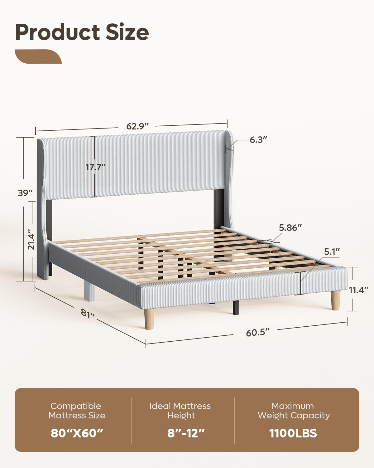 Bestier Queen Bed Frame with Wingback Headboard,Upholstered Platform Queen Size Bed with Strong Wooden Slats,No Box Spring Needed,Never Squeaks,Easy Assembly,Light Grey