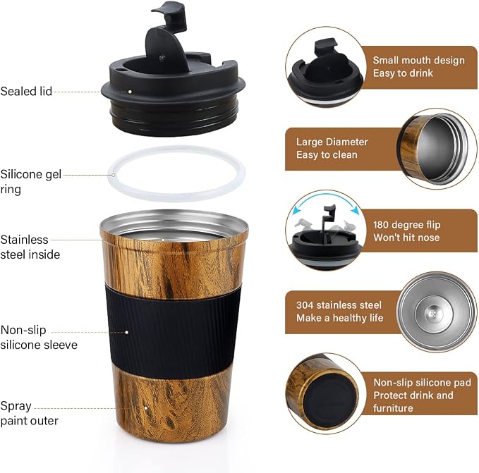 CS COSDDI 12 oz Stainless Steel Vacuum Insulated Tumbler - Coffee Travel Mug Spill Proof with Lid - coffee Cup for Keep Hot/Ice Coffee,Tea and Beer (D-wood grain)
