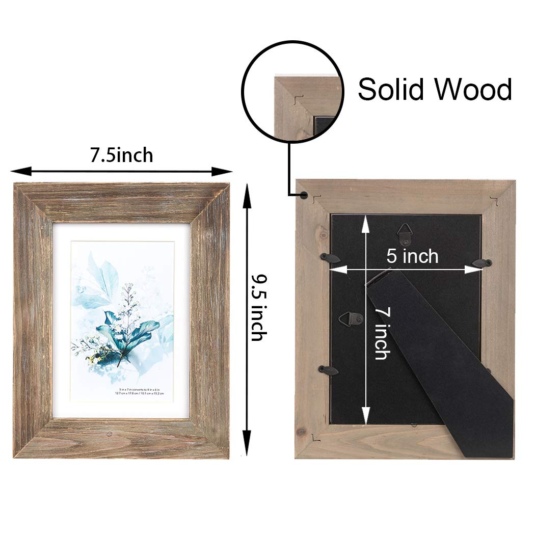 KAIWIN 100% Solid Wood Brown 5x7 Picture Frame 1 Pack - Display Picture 4x6 with Mat, Rustic Wooden Photo Frames for Table Top and Wall Mounting