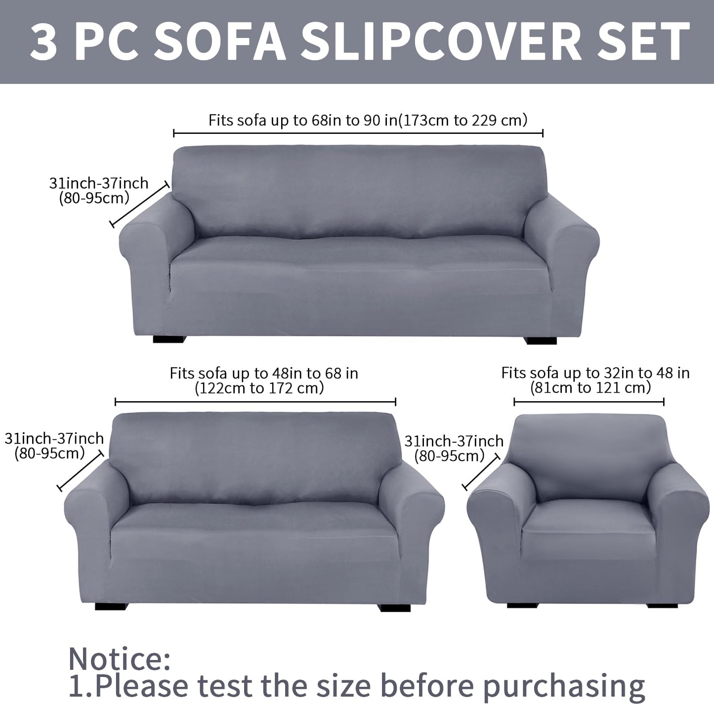 Peryiter 3 Pcs Slipcover Set for Couch Furniture Covers for Sofa Loveseat Couch Arm Chair, Form Fit Stretch, Wrinkle Free, Furniture Protector(Light Gray,Milk Silk Spandex)