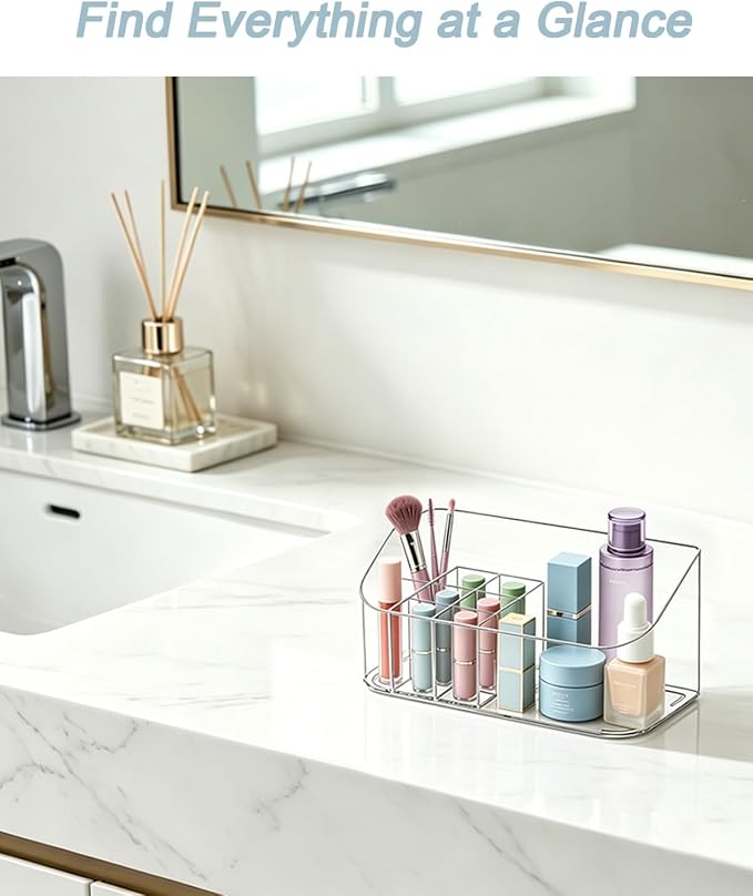 Makeup Tray Holder Organizer Cosmetic Display Case Tabletop Desktop Vanity Countertop Bathroom Wall Cabinet Medicine Storage Box 9 Dividers 2 Removable Women Ladies Girls Gifts Crystal Clear 1 PACK