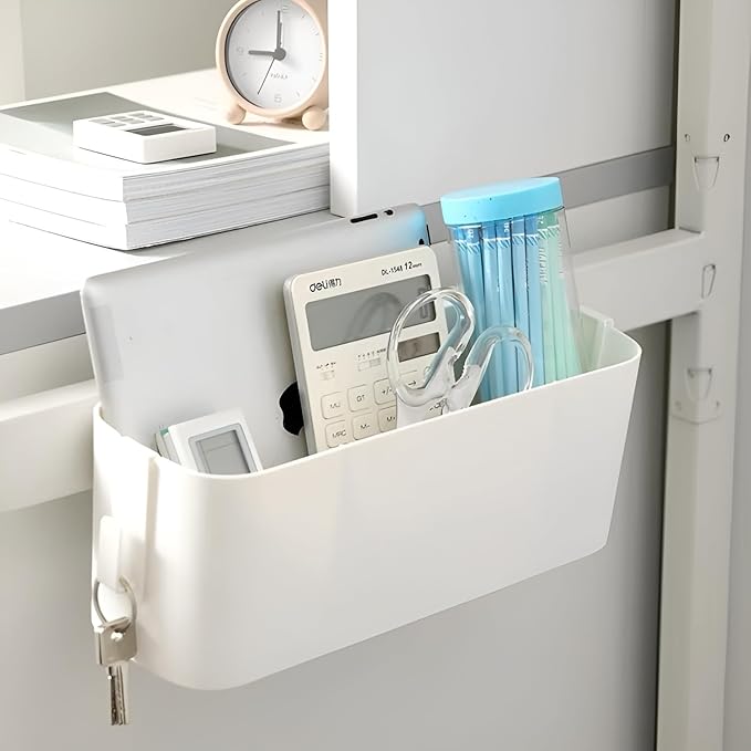 Bedside Organzier Caddy Hanging, Plastic Bunk Bed Shelf with Hooks, Large Storage Holder for Dorm Room Bed, Hospital Bed, Baby Bed Rails, 11 Lbs / 5 Kg Capacity (White)