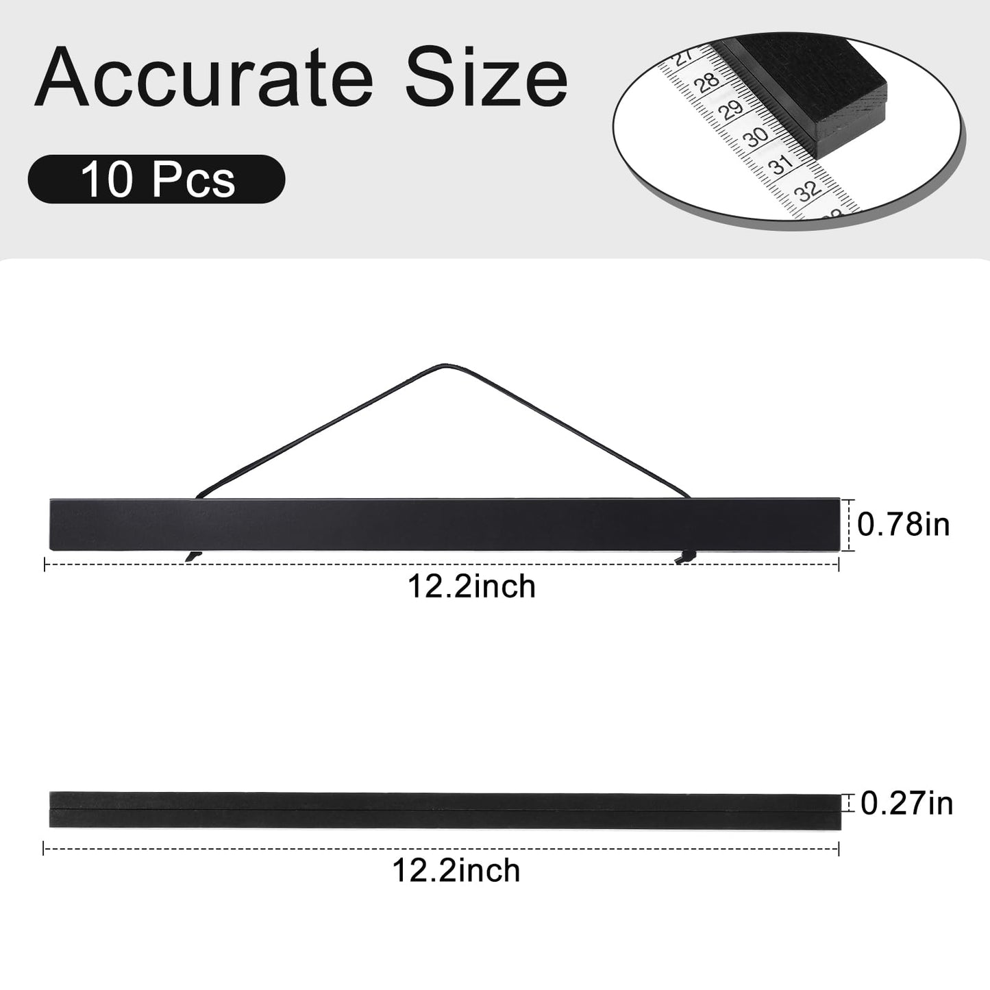 Thyle 10 Pack Magnet Poster Hanger Frame 12x16 12x18 12x24 Light Pine Wood Magnetic Rails Hanging Frame with Rope Magnet Poster Hanger for Photo Picture Print Map (Black,12 Inch)