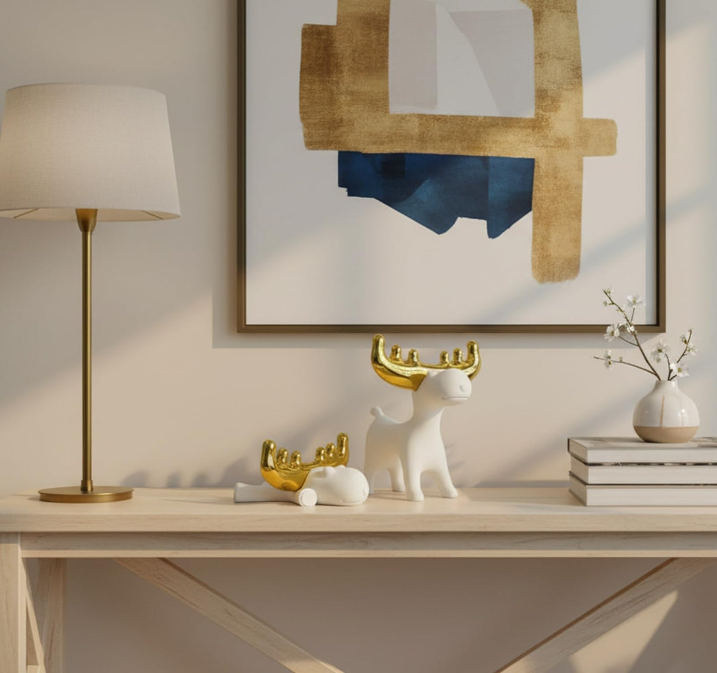ZMLOOK Modern White Resin Deer Figurine with Gold Antlers – 7.48 x 69 x 7.72 Minimalist Animal Sculpture for Home & Desk Decor(Standing/Reclining Style)