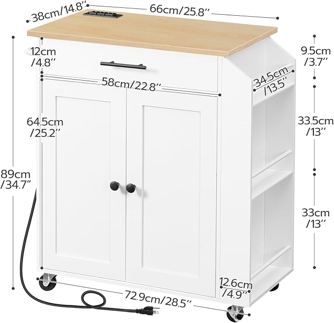 HOOBRO Kitchen Island with Power Outlet, Kitchen Storage Island with Spice Rack and Drawer, Rolling Kitchen on Wheels, for Home, Dining Room, Natural and White WN82UZD01G1