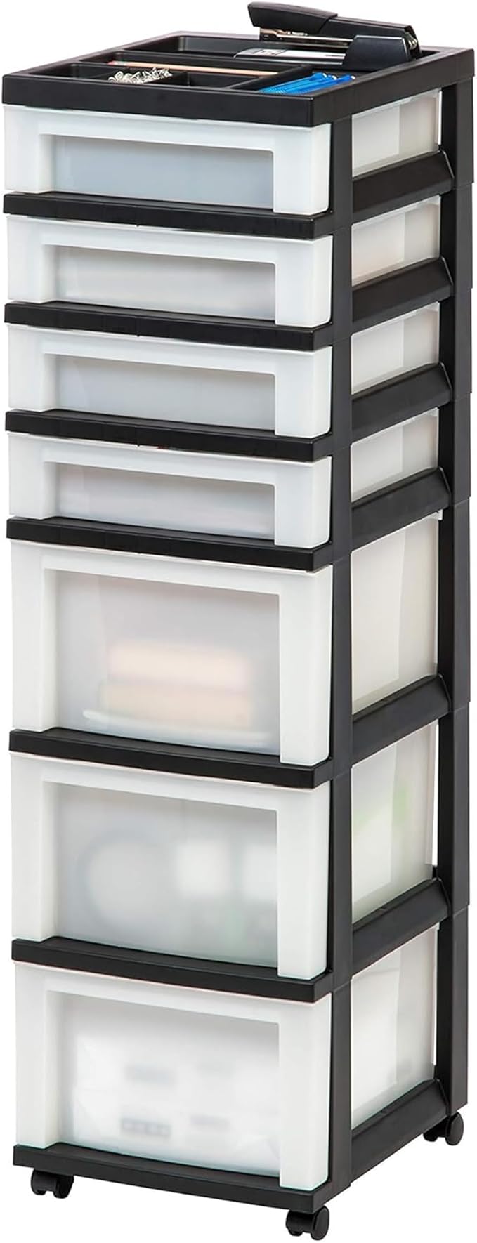 IRIS USA Plastic Drawer Storage Organizer Rolling Cart, with Wheels Casters, 2-Pack, 7-Drawers, for Classroom Art Craft Supplies Dresser Closet Bathroom Laundry Room, Black/Pearl
