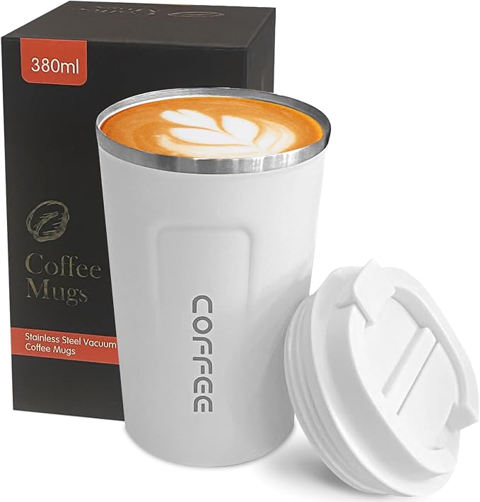 YINBAOGE Insulated Travel Coffee Mug, Spill & Leak Proof, Portable To Go Camping Stainless Steel Coffee Tumbler, Reusable Thermal Coffee Cup with Lid for Hot & Cold Drinks (2nd-White, 12 OZ)
