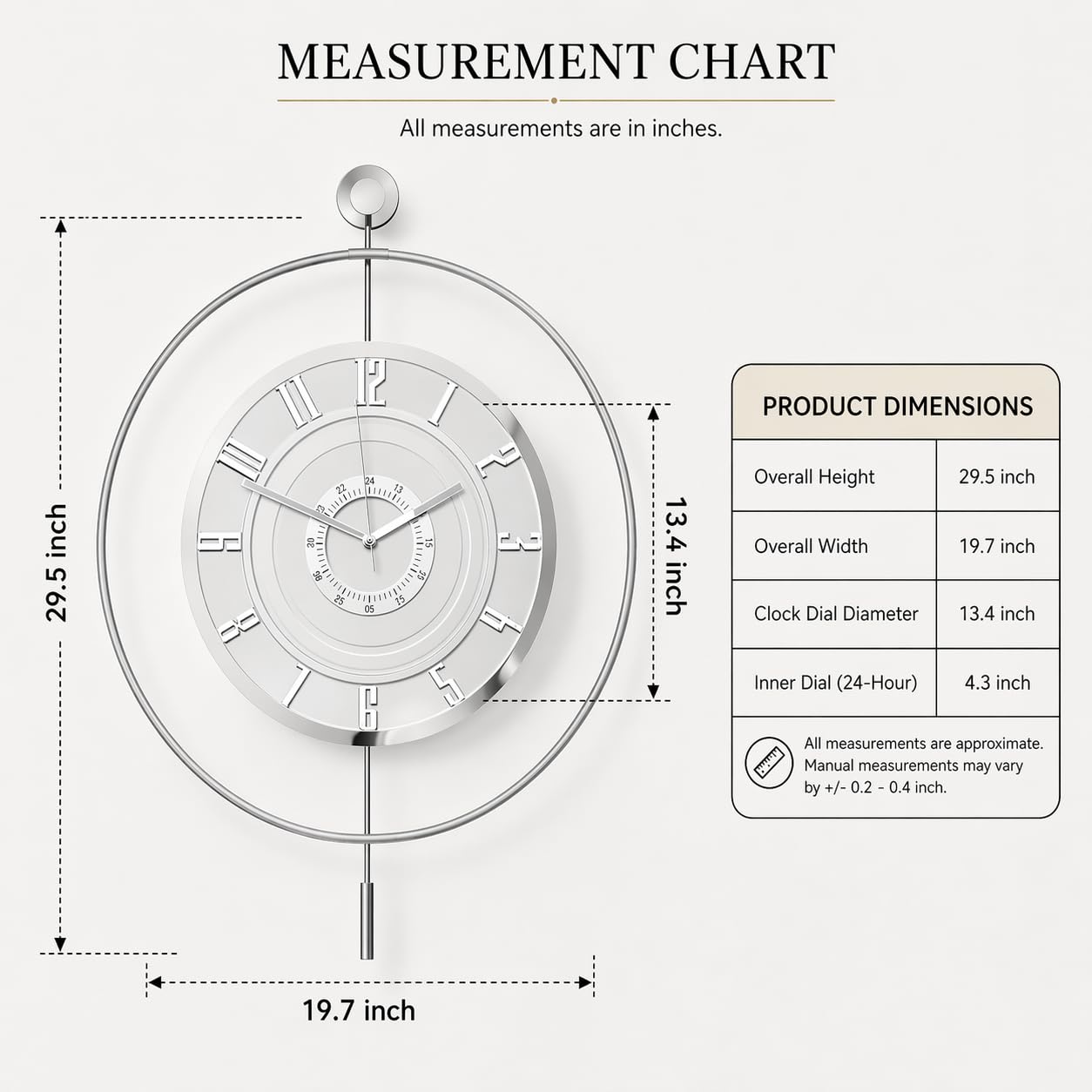 FUNTLY Large Luxury LED Backlit Wall Clock – Pendulum Roman Numeral Metal Ring, Silent Non-Ticking Decorative Clock for Living Room Bedroom Entryway, Modern Halo Glow (Crystal Silver)