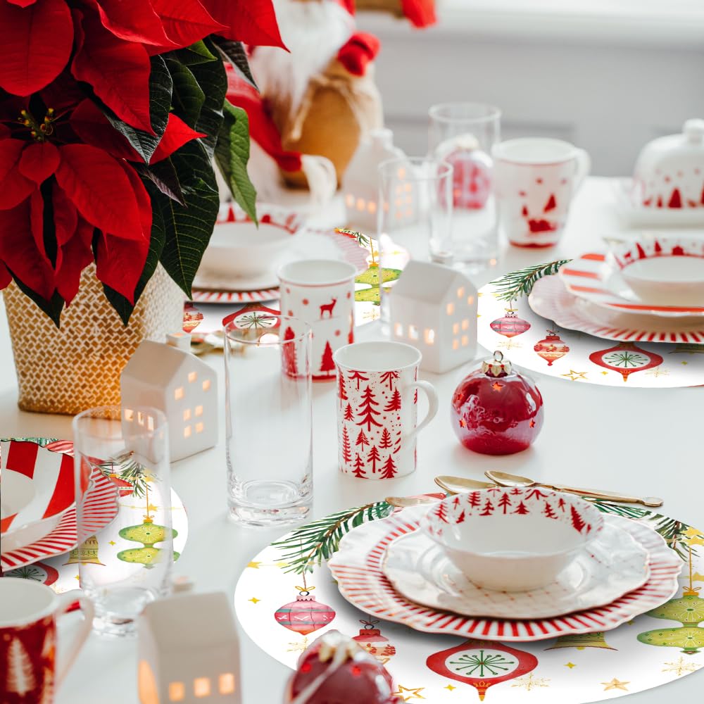 50 Pack Christmas Paper Placemats 13.7 Inch Xmas Disposable Round Place Mats Winter Christmas Ball Table Mats for Holiday New Years Party Home Dinner Table Setting
