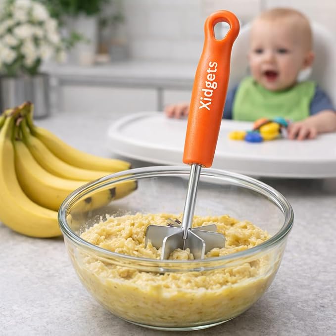 Stainless Steel Mini Meat Chopper & Masher | 6-Blade Ground Beef Chopper Tool | Small Hamburger Smasher | Compact Ergonomic Handle | Dishwasher Safe - 7" (Retro Orange Mini)
