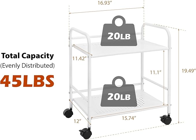 SunnyPoint 2-Tier Metal Rolling Utility Cart – Mobile Storage Shelf with Caster Wheels – Small Space Organizer for Home, Office, Bedroom, Kitchen (WHT) (Pack of 2)