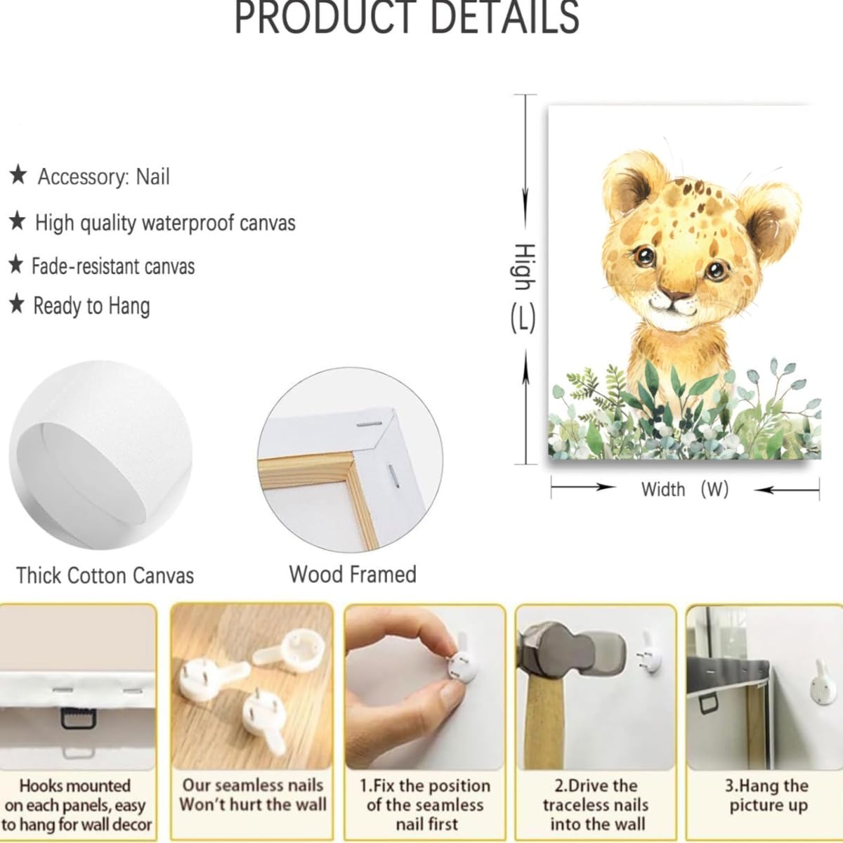 Baby Safari Nursery Wall Decor - Set of 3 Pictures Cute Animal Wall Prints on Canvas Jungle Nursery Safari Decor Gifts for Baby Boys and Girls Room, Framed Wall Art 12 x 16 Inch