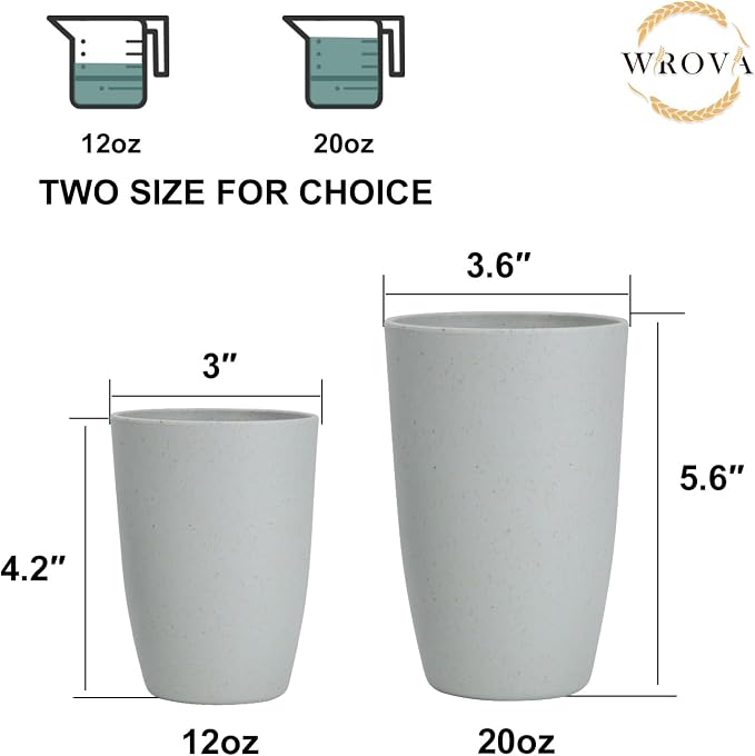 Wrova Wheat Straw Cups 8 PCS Good Alternative to Plastic Reusable Cups 12 oz Unbreakable Drinking Cup Reusable Dishwasher Safe Water Plastic Glasses Light Grey