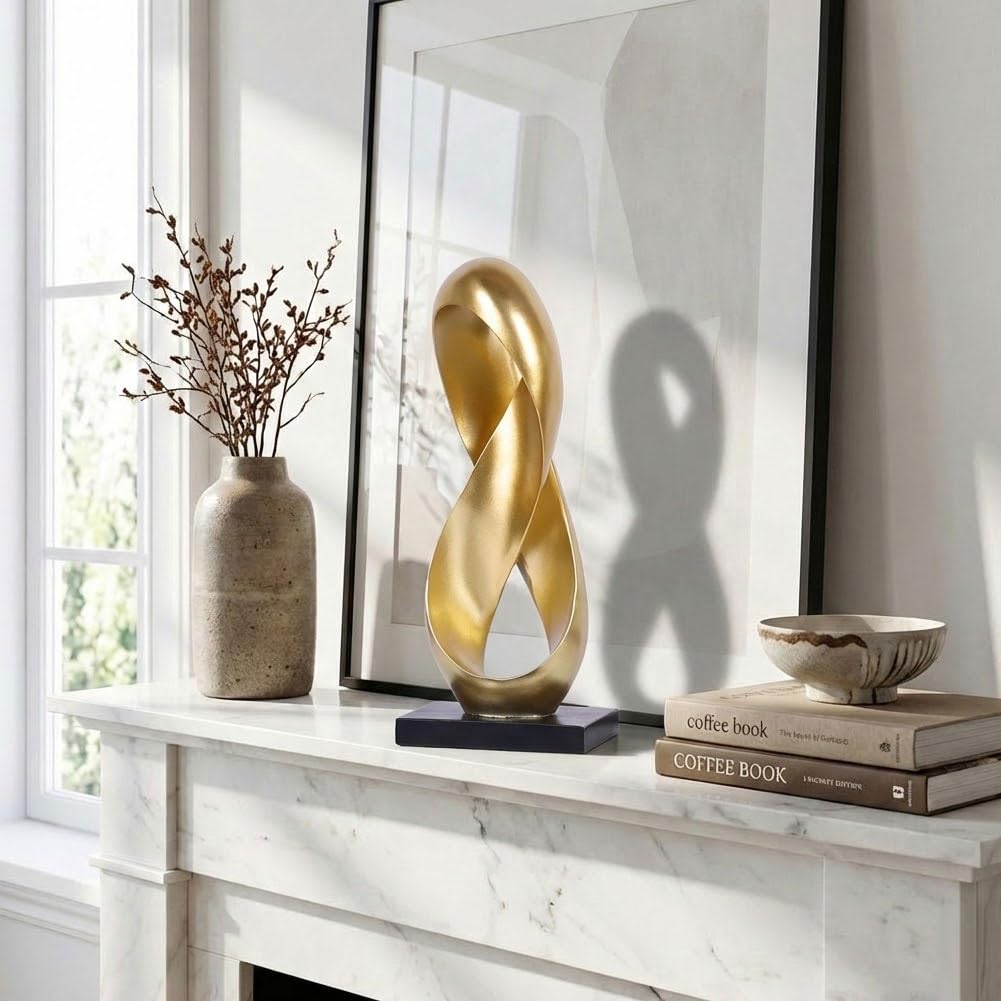 QIANLING 14.6" Tall Abstract Gold Knot Sculpture, Modern Resin Infinity Loop Statue, Modern Tabletop Decor for Coffee Table, Bookshelf, Mantel, Entryway, Living Room Office Accent Centerpiece