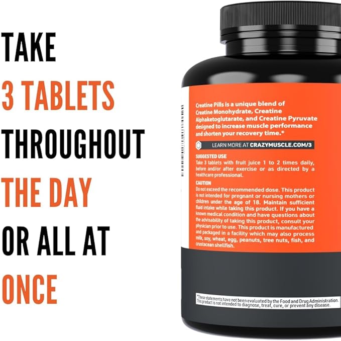 Crazy Muscle, Creatine Pills, 5g 3X Pure Creatine Monohydrate, Pre Workout Bulk Muscle Mass Gainer, High Absorption Easy to Take ThreeAtine 3 Type Optimum Performance for Lean Growth Men Women