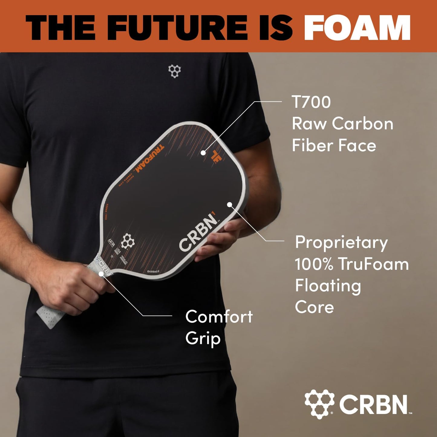 CRBN Pickleball - TruFoam Barrage 4 Pickleball Paddle - Hybrid AeroCurve - Carbon Fiber Pickleball Paddle - 100% Foam Floating Core Designed for Maximum Power, 14mm