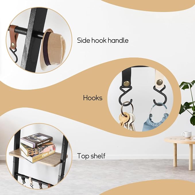 Wooden Ladder with Shelf for Decor, 6-Tier Decor Ladder with Non-Slip Mat & Hooks, Farmhouse Style Leaning Wall Display Holder, Black