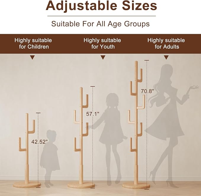 Muwuele Solid Wood Cactus Coat Rack, Freestanding Coat Rack With 6 L-Shaped Hooks and 3 Adjustable Sizes, Coat Tree for Bedroom, Entryway, Livingroom, Coat Hanger Stand for Coats, Handbags (Natural)