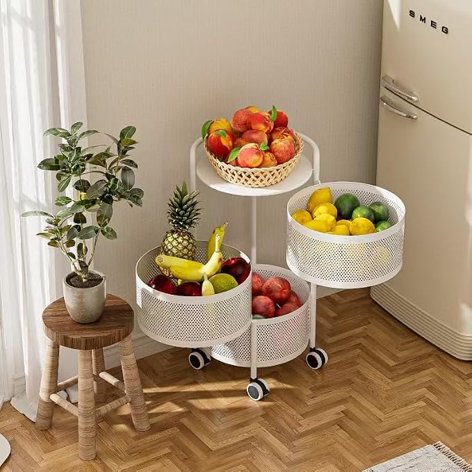 JAQ No Assembly Integrated Rotating Storage Cart, 3-Tier Rolling Storage Cart with Wheels, Solid Carbon Steel Onion Potato Storage, Kitchen Storage Cart, Vegetable Storage Cart, White