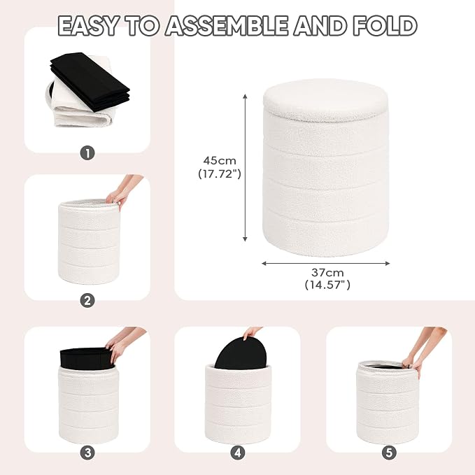 PINPLUS Round Storage Ottoman Foot Rest Stool with Tray Velvet Sherpa Folding Storage Ottoman,Boucle Foot Rest for Living Room, Bedroom, Dorm（White）