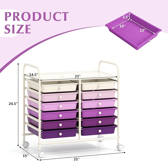 COSTWAY 12-Drawer Rolling Storage Cart, Utility Storage Organizer Cart for Tools, Scrapbook, Paper, Craft, Multipurpose Art Supply Organizer on Wheels for Home Office School, Teacher, Purple Gradient