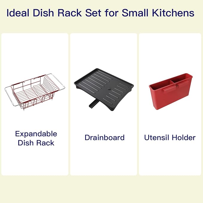 MAJALiS Red Dish Drying Rack Over Sink with Utensil Holder, Drainboard | Expandable Stainless Steel Dish Drainer for Small Kitchen, Apartment, RV, Counter Space Saving, Perfect Fit, Rustproof