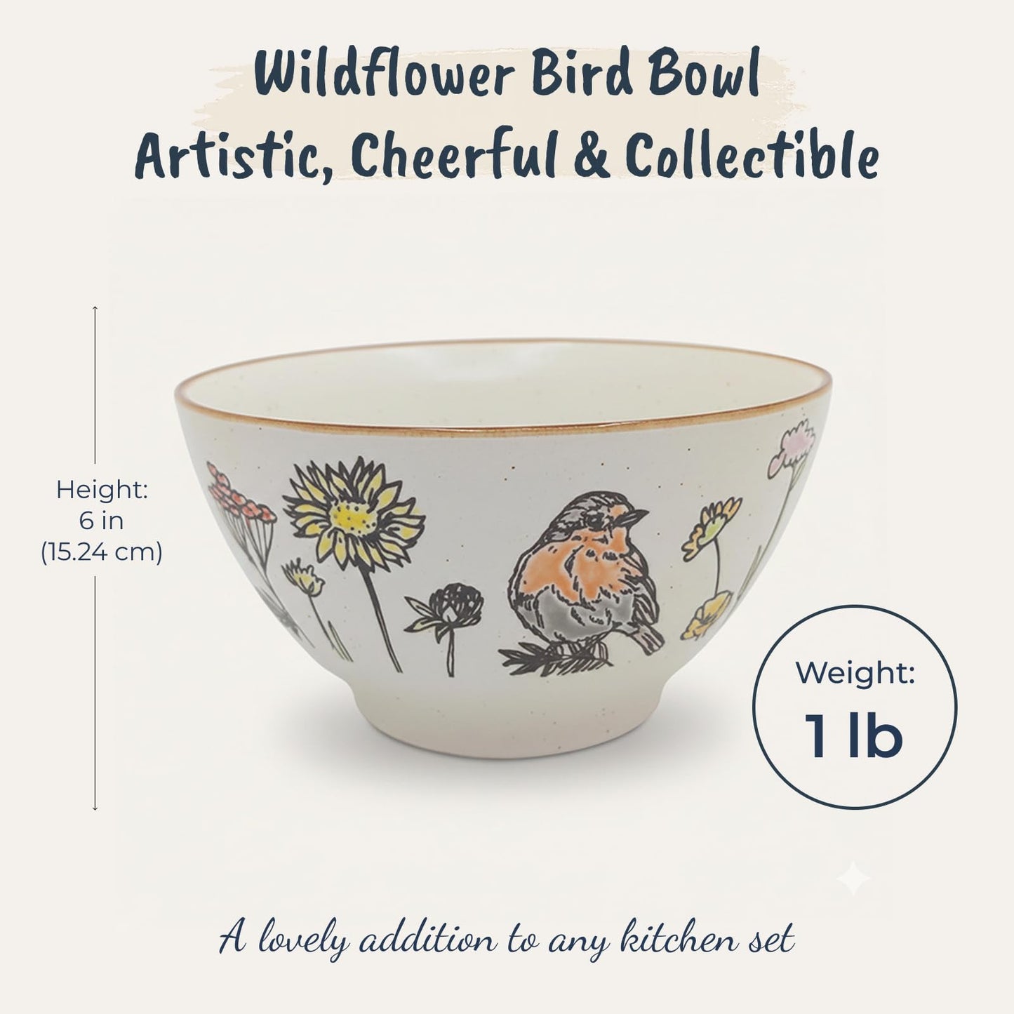 Blue Sky Clayworks Wildflower Bird Ceramic Bowl, 6" Diameter, Hand Painted Songbird and Floral Design