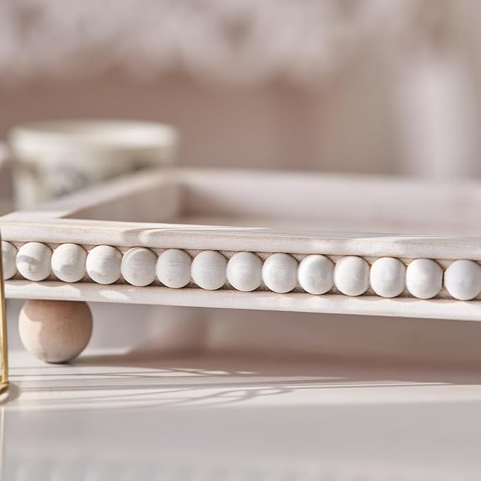 Decorative Coffee Table Tray, 13.5 x 9.7 Inch White Washed Wooden Beaded Tray with Removable Legs, Rustic Farmhouse Rectangular Tray for Coffee Table, Kitchen Counter and Vanity Decor